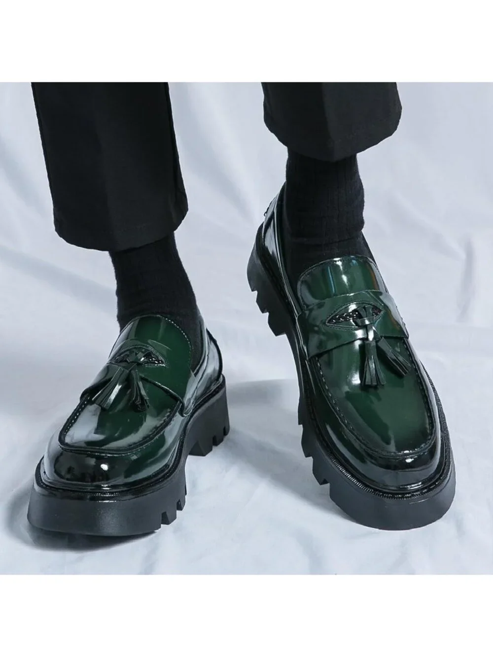 Men's Green Patent Leather Loafers Chunky Heel Tassel Slip On Dress Shoes